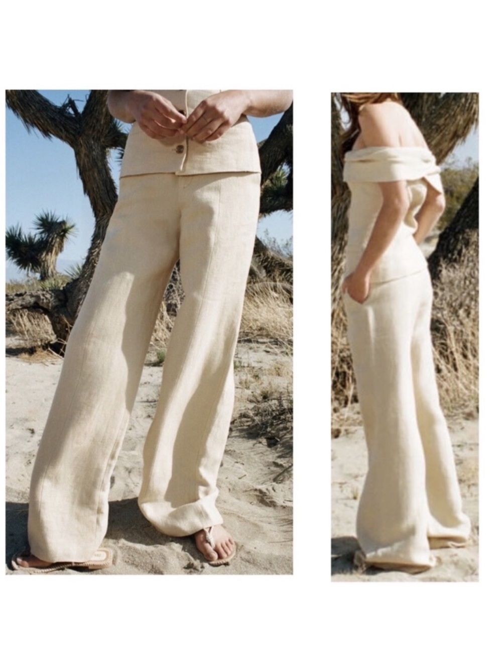 Zara Cream Wide-Leg Linen-Blend Pants